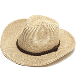 a straw hat with a brown band