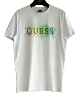 a white t-shirt with a GUESS logo on it